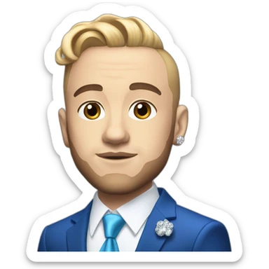 mac miller with a blonde comb over skin fade wearing a blue suit with a diamond chain sticker