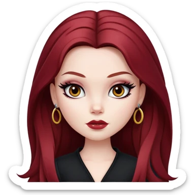 pretty bratz girl, tall, pale skin, dark red hair,  long hair, brown eyes, black eyeliner sticker