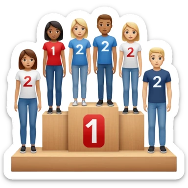 show people on podium in first, second and third place.  The podium should be labled 2, 1, 3.  The middle position should only have the number 1.  the people should be dressed in relaxed clothes like jeans and t-shirts sticker