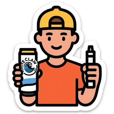 stylized man in a t-shirt and baseball hat, holding a White Claw and a vape, vibrant outlined icon style sticker