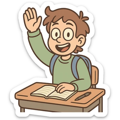 cheerful student character raising their hand in class, showing active participation, friendly and inviting style sticker