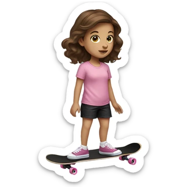 little girl with brown hair, pink shirt from VANS and black shorts skateboarding sticker