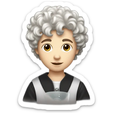 A portrait from the shoulders up of pasty white teenage boy with dark black curly hair holding a chalice of milk sticker