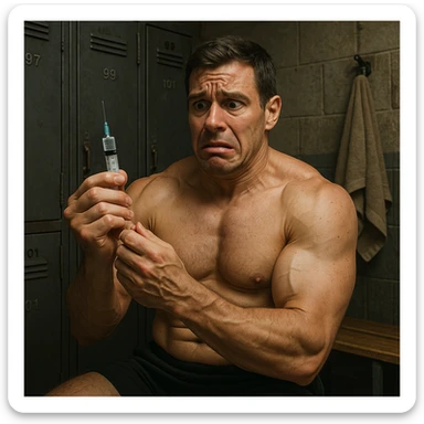  bodybuilder che si fa prendere dalla paura e fa cavolate, come una fiala ogni 2 settimane finisce che sopprimi comunque l'HPT ma senza alcun risultato visibile, iperealistica  sticker