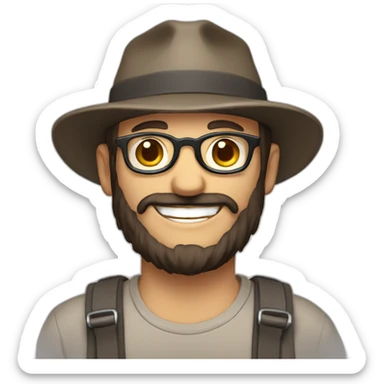 happy smile gardener face long dark beard and bald dark hair round glasses brown eyes and a hat sticker
