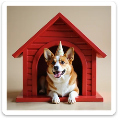 realistic red dog house with a Corgi dog inside, Corgi with a party hat, photorealistic style sticker