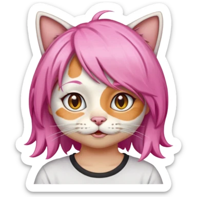 calico cat wear pink hair wig, white T-shirt sticker