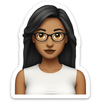 woman with tan skin and long black hair wearing a white crop top, glasses, with curtain bangs sticker