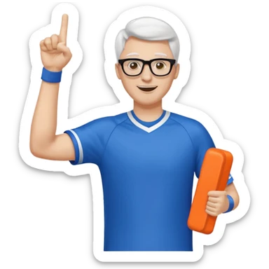 A slim man with glasses, pumping the foam finger in the air with bright enthusiasm. sticker