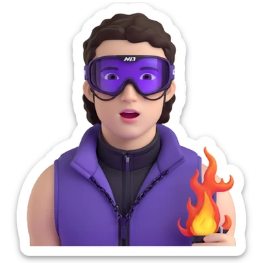 close-up of bad guy male athlete with white skin and moderately curly dark brown hair on top with shaved sides, wearing ski goggles with purple frames and very dark black lenses, a simple plain black chain necklace, and a completely unzipped sleeveless vest with purple and black sequin fire pattern design with no logo, with an extremely arrogant expression sticking his tongue out mockingly, looking menacing and villainous sticker