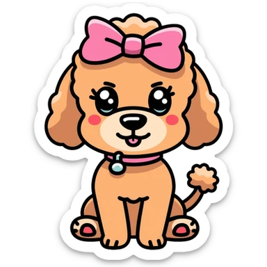 Cute brown poodle dog with a pink bow on its head and tail, with its tongue sticking out, and wearing a pink collar sticker