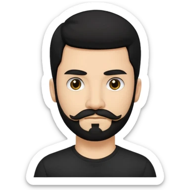 Man, hispanic skin, black hair, black beard, black mustache black eyes black t shirt, small nose, long emo hair sticker