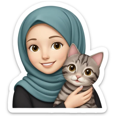 White girl wearing hijab smiling while holding a black grey tabby cat sticker