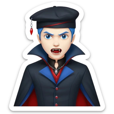Vampire with blue hat,black coat with read collared ,teeth looks like vampire with aggression on face and full body. sticker