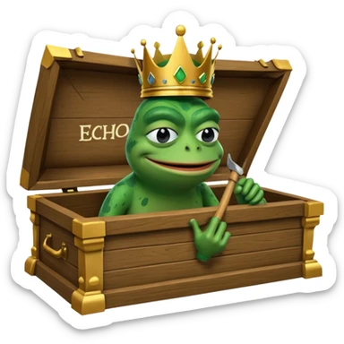 Emoji of an empty wooden coffin with its lid on top, the word ‘ECHO’ carved into the side panel. The coffin is shown from the outside. A king-like Pepe the Frog, standing outside the coffin, is hammering nails into the lid to seal it shut. No character is inside the coffin. Not a treasure chest. sticker