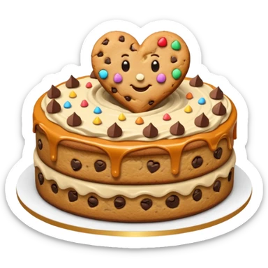 Chocolate chip cookie cake with caramel frosting and golden heart shaped sprinkles sticker