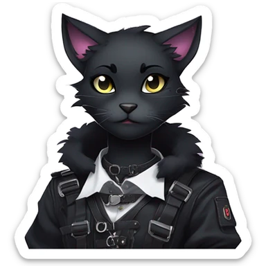 Gorgeous furry gothic dark techwear anime style anthro black cat furry sona Fakemon with blushing face aesthetic and pretty edgy black with collar and harness trending style sticker