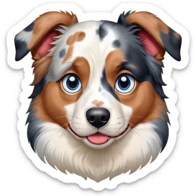 Cinematic Meme-Worthy Grumpy Calico Australian Shepherd Portrait Emoji, Head held high but eyes filled with dramatic disappointment, smooth white fur with spectacular patches of black, tan, and red calico merle, deeply furrowed brow forming an unmistakable scowl, floppy ears slightly angled back in disapproval, piercing blue eyes glaring with pure exasperation, Simplified yet hilariously over-exaggerated features, highly detailed, glowing with an aura of supreme annoyance, high shine, exhausted yet judgmental, stylized with an almost regal pettiness, bright but brooding, soft glowing outline, capturing the essence of a pup that has seen it all and is thoroughly unimpressed, so meme-worthy it feels like it could instantly become the next viral sensation of grumpiness! sticker