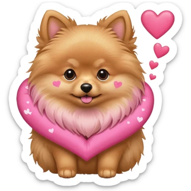 A Tan Pomeranian holding a pink star with hearts sticker