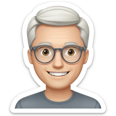 30 yr old pale white man, white/grey side swept stylish hair, round glasses, big smile, white teeth, handsome, longer hair, thin glasses,  smooth forehead, open collar, trendy sticker
