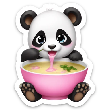 Baby panda with pink bow eating big bowl of soup sticker