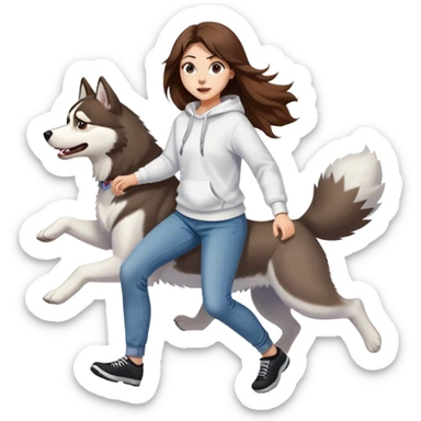 A beautiful girl with long hair wearing a white sweatshirt and jeans is chasing a husky sticker