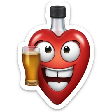 A red heart ❤️ with eyes, a mouth, and hands, tipsy and drunk, holding a bottle, looking wobbly and playful sticker