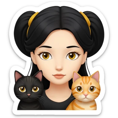 A girl with long black hair and an oval face is together with a black and yellow tabby cat. sticker