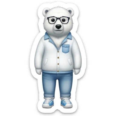 friendly anthropomorphised polar bear standing upright, looking chilled and unbothered, wearing a shirt, jeans, trainers, extravagant glasses sticker
