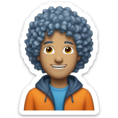 blue curly hair white man with orange jacket sticker