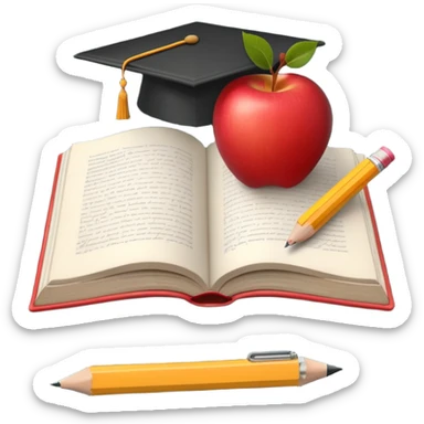 An icon featuring an open book, a pencil, and an apple, symbolizing education and pedagogy. The design includes a chalkboard with a lesson plan and a graduation cap, representing teaching and learning. Transparent background highlights the nurturing of knowledge and growth. sticker