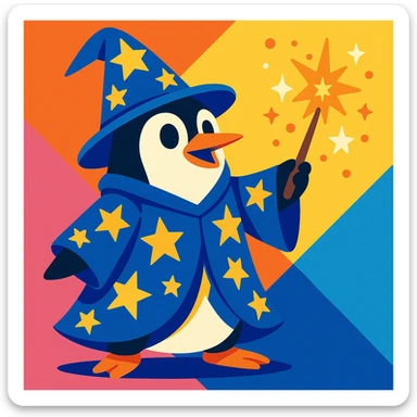 a penguin wizard casting a sparkling spell, wearing a starry robe and hat, in a colorful cartoon style sticker