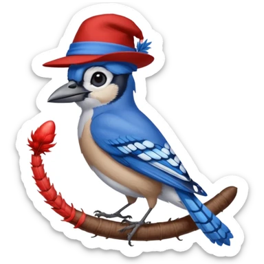 a blue jay wearing a hat, holding a worm sticker