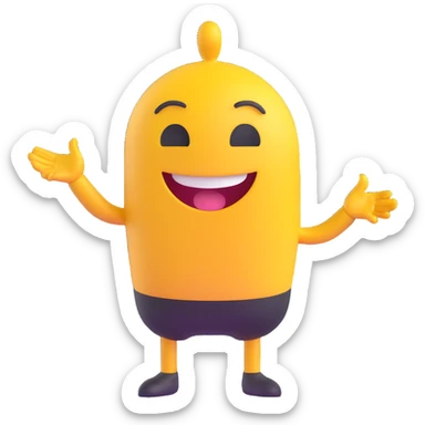 A 2D cartoon-style yellow emoji with a mischievous smile, shaped eyes, and both hands pointing upward with index fingers.  clean digital style, and a fun, dancing expression. Style similar to children’s drawing tutorials, dancing expression. No background, isolated on white.  sticker
