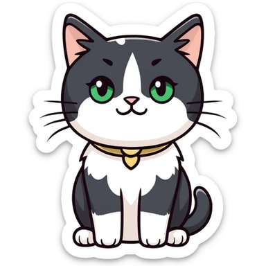 Female Tuxedo domestic short hair, more white than black similar to a cow, green/gold eyes, no bowtie sticker