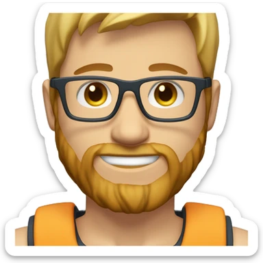 Joshua has short, light brown hair with blonde highlights, a full beard, blue eyes, and glasses with a thin frame. He has a muscular build with broad shoulders, visible abs, fair tan skin, and often wears a smartwatch. sticker