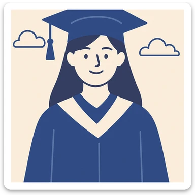 girl with long brown hair smiling wearing graduation hat and robe, clean modern illustration style sticker