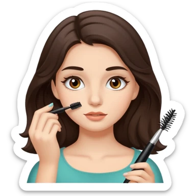 Garota branca de cabelos levemente ondulados castanhos escuros médio aplicando máscara de cílios sticker