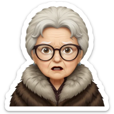 old woman with glasses angry wearing big furcoat sticker