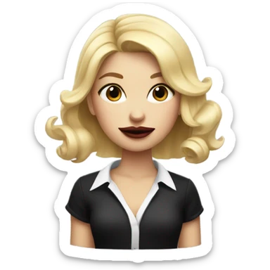 Girl with blonde hair and black and white shirt holding lipstick sticker