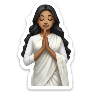 Light skin ;Black long hair wearing white saree praying infront a white temple sticker