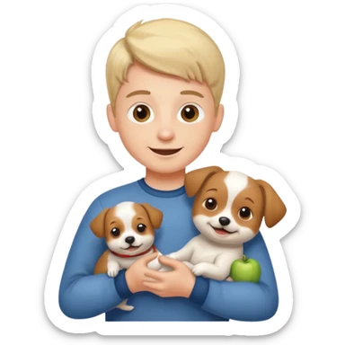 happy boy holding dog indoors sticker