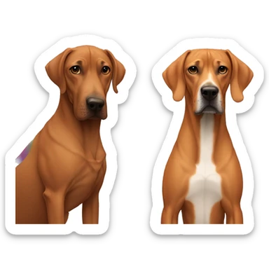 white male with long rainbow colored hair standing alongside a brown rhodesian ridgeback sticker