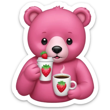A pink bear is holding a strawberry and drinking coffee with a transparent background in a teenager hand-drawn, 2D, japanese charectors like, style sticker
