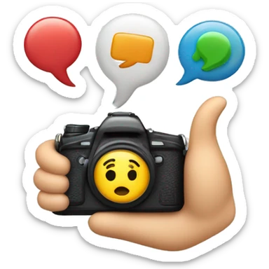 An emoji depicting challenge videos, featuring a camera and two hands giving a thumbs up, with colorful question marks and exclamation points around, symbolizing fun, excitement, and various challenges sticker