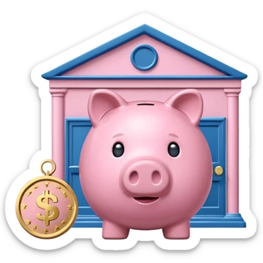 A clean emoji-style icon: A piggy bank with a coin, placed in front of a small bank building. The bank symbolizes company pension and financial security. Rounded forms, flat colors, minimal details like a standard emoji. sticker