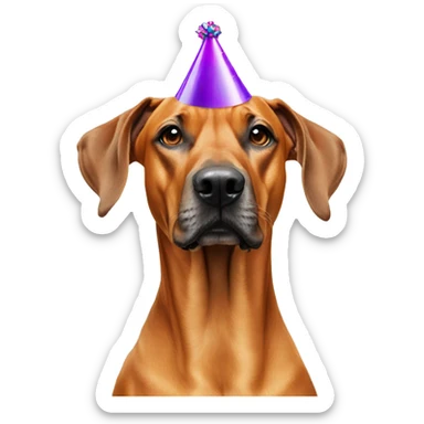 Rhodesian  ridgeback with a party hat sticker