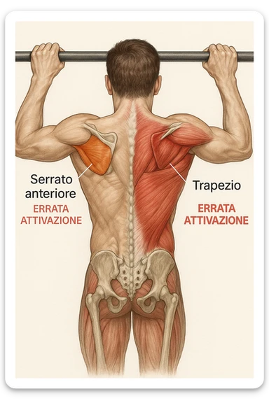 realistic anatomical image of a man doing pull-up on a bar, scapular and dorsal muscles highlighted to show incorrect activation, using colors or transparencies to distinguish involved muscles, Italian captions, aspect ratio 2:3 sticker