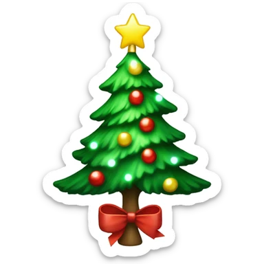 A green Christmas tree with white lights and a red bow on the top of the tree sticker