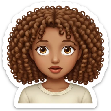 A girl with curly hair, slightly fleshy mouth, almond eyes and dark brown sticker